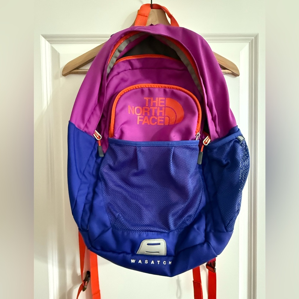 The North Face Pink Purple Blue Wasatch Backpack with Orange Accents